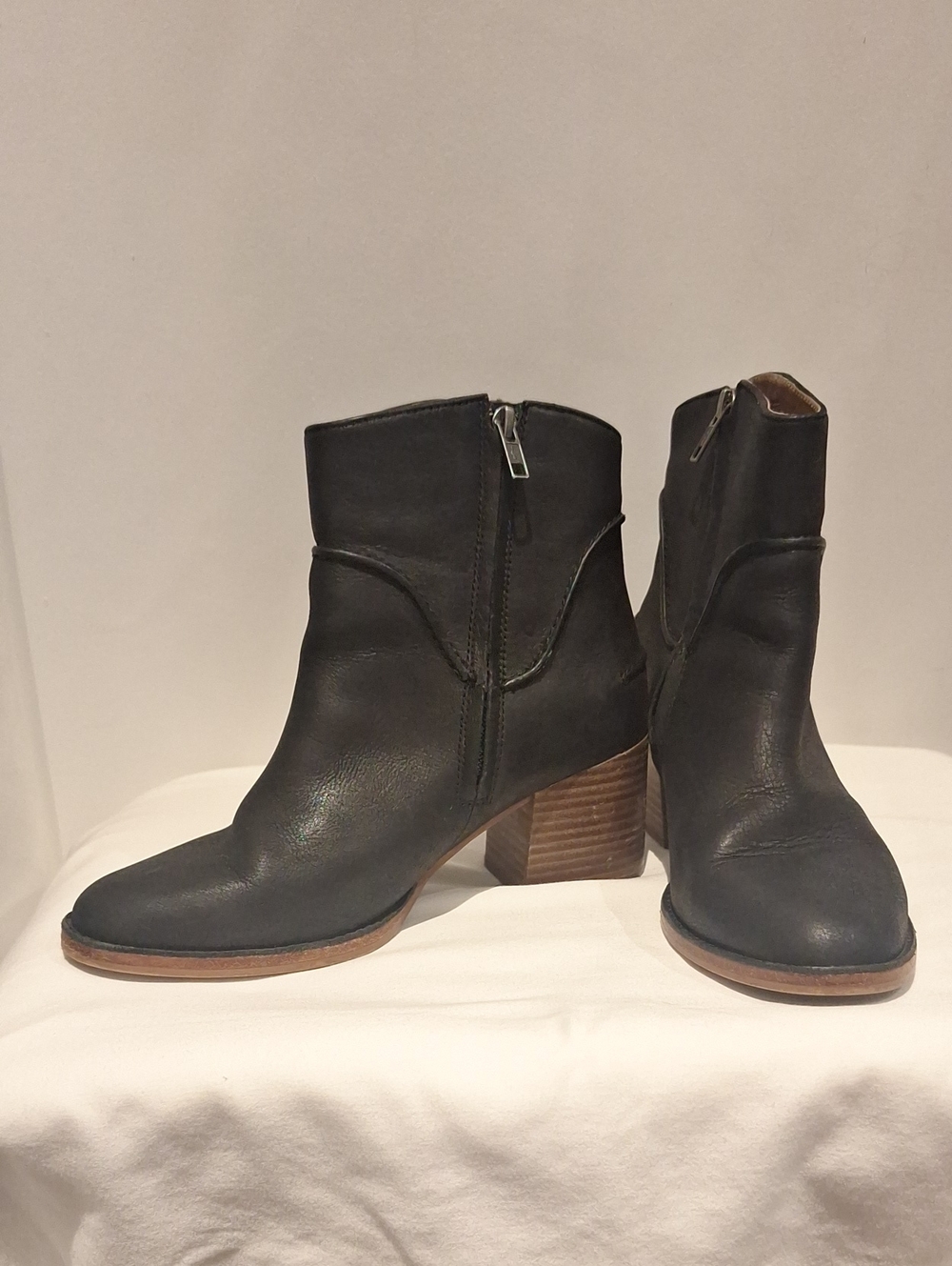 UGG Annie Black Leather Ankle Booties with Chunky Stacked Heel